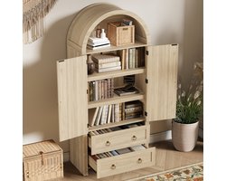 Boogvormige rieten kast met twee laden - retro stijl kast voor woonkamer en slaapkamer - opbergkast - eik
