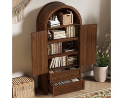 Boogvormige rieten kast met twee laden - retro stijl kast voor woonkamer en slaapkamer - opbergkast - walnootkleur