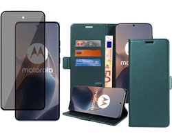 Book Case & Privacy Screenprotector geschikt voor Motorola Edge 60 Fusion Hoesje Screenprotector - Privé - Gehard Glas Cover - Magnetische Sluiting - Portemonnee Turqoise