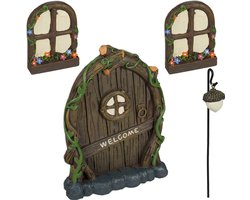 boom decoratie - kabouterdeurtje - 4-delige set - 2 ramen - kunststeen