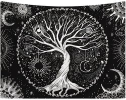 Boom des Levens en Zon Maan Wandtapijt - Zwart Tapestry voor Slaapkamer Aesthetiek - Thuis Woonkamer en Studentenhuis Decoratie 150x130cm Zwart Wit