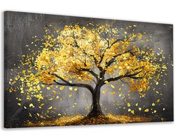 Boom met Gouden Bladeren - Canvas Schilderij - 70×50 cm - Woonkamer decoratie - Wanddecoratie - Kantoor accessoires - Goud - Grijs - Zwart