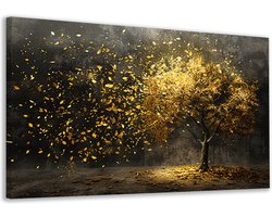 Boom portret - Natuur schilderijen - Gouden bladeren - Luxe - Muurdecoratie kantoor - Decoratie slaapkamer - Wanddecoratie woonkamer - Canvas schilderij 100x75 cm