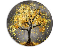 Boom wanddecoratie rond - Natuur - Wandbord bladeren - Goud - Moderne decoratie - Wandschaal - Slaapkamer accessoires - Muurcirkel forex 60x60 cm