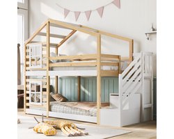 Boomhut Kinderbed 90 x 200 cm, Stapelbed voor Kinderen in Raamdesign met Opbergruimte en Valbeveiliging, Naturel & Wit – 2x Lattenbodem (exclusief matras)