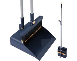 BOOMJOY Long Handled Dust Pan and Brush Set, Household Dust Pan Combo with 54 Inch Handle for Indoor Cleaning and Outdoor Sweeping, Blue