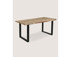 Boomstam Eettafel 160 cm Acaciahout – Zwart Metalen U-Poot – Industrieel – 4-6 Personen