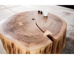 Boomstam salontafel GOA 60cm naturel acacia massief hout rond met wielen uniek - 36793