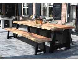 Boomstam Tuintafel Douglas 200 x 100 cm - Stalen A poten + Tijdelijk Gratis Onderhoudspakket - inclusief vakkundige montage
