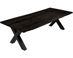 Boomstamtafel Zwart 300x90- Eettafel Boomstam effect - Tafelpoten X Metaal Zwart