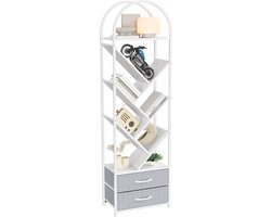 Boomvorm Boekenkast - 6 Planken Met 2 Stoffen Lades - Smalle Verticale Opbergkast Voor Slaapkamer Woonkamer - Wit Ijzeren Frame + Witte Houten plank + Grijze Stoffen Lade