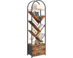 Boomvorm Boekenkast - 6 Planken Met 2 Stoffen Lades - Smalle Verticale Opbergkast Voor Slaapkamer Woonkamer - Zwart Ijzeren Frame + Vintage Houten plank + Vintage Stoffen Lade