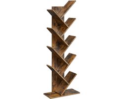 Boomvormige boekenkast, vrijstaand opbergrek met 8 legplanken, stevig houten frame, modern industrieel design, geschikt voor slaapkamer, woonkamer of kantoor, 50 x 25 x 141,5 cm, bruin.