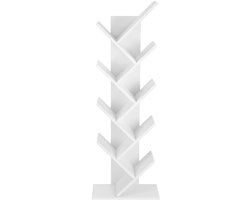 Boomvormige boekenkast, vrijstaand opbergrek met 8 legplanken, stevig houten frame, modern industrieel design, geschikt voor slaapkamer, woonkamer of kantoor, 50 x 25 x 141,5 cm,Wit