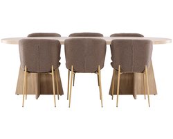 Bootcut eethoek tafel 115x230cm en 6 teddy stoelen naturel.