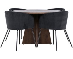 Bootcut eethoek tafel Ø110cm en 4 fluwelen stoelen met armleuningen mocca.