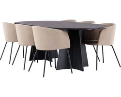 Bootcut eethoek tafel zwart en 6 berit stoelen beige.