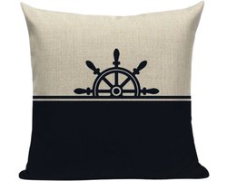 Bootkussen - Donkerblauw - Sierkussen - ‘kapitein’ - Boot accessoire - donkerblauw/crème - 45x45 - linnen - nautisch kussen