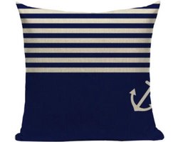 Bootkussens - Royal blauw - Sierkussen - "Onder de golven" - Boot accessoires Blauw/Crème 45x45 Linnen - Nautische kussens