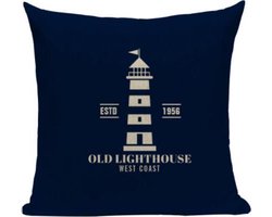 Bootkussens - Royal blauw - Sierkussen - "Witte vuurtoren" - Boot accessoires Blauw/Crème 45x45 Linnen - Nautische kussens
