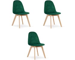 BORA Velvet Design Stoelen – Set van 3 – Donkergroen Fluweel – Scandinavisch Design – Beukenhouten Poten – Modern & Ergonomisch