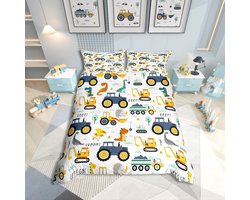 Boraboi® Beddengoedset voor Kinderen met Bouwvoertuigen en Dinosauruspatroon, 135 x 200 cm, Inclusief Kussensloop