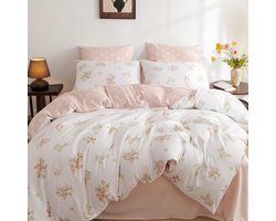 Boraboi® Charmant kinderbeddengoed met bloemenpatroon en ritssluiting voor meisjes,Wit, roze, groen, bloemen,135*200 cm