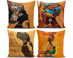 Boraboi ® Set van 4 Decoratieve Kussenhoezen in Afrikaanse Stijl van Dik Linnen voor Diverse Ruimtes