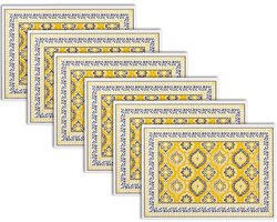 Boraboi ® Stijlvolle Handgedrukte Tafelset van Katoenlinnen voor Eettafel, 6 Stuks, Geel, Traditioneel Design