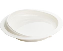 Bord met zuignap en hoge rand, voorkomt schuiven. Verhoogde curve-rand. Wit