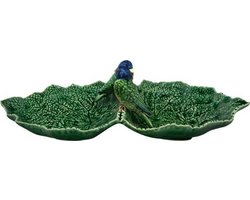 Bordallo Pinheiro Folhas Serveerschaaltje - Dubbelblad - Blauwe Vogel - Groen/Blauw - Aardewerk - 34 cm