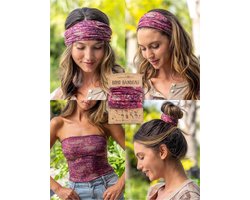 Bordeaux kleurige Boho Bandeau haarband en sjaaltje. Lovely scarfs, Natural Life, brede hoofdband, kaalheid, zonbescherming, rond sjaaltje, hoofdbandje, sportband, bordeaux roze, indian blockprint