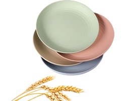 Borden van tarwestro – Lichtgewicht, onbreekbare serviesset – Vaatwasser- en magnetronbestendig (8-delige set, 9 inch)- Beige + roze + lichtblauw + lichtgroen