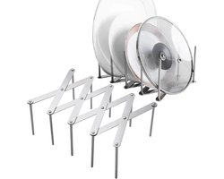 Bordenorganizer - Opbergrek - Keukenopbergrek - Telescopisch multifunctioneel rek - Uitschuifbaar - Klein afdruiprek - Verstelbaar - Roestvrij staal - Potdekselorganizer - Geschikt voor kasten, keukendeksels, snijplanken, Opbergstoomrek - Zilver