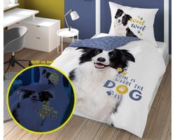 Bordercollie hond Dekbedovertrek 140x200cm Katoen Grote Kussensloop 70x90cm GLOW in the Dark