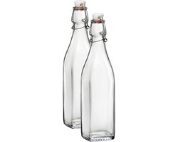 Bormioli Rocco beugelfles/weckfles - 2x - 1 liter - glas - vierkant - water/olie/azijn/sapjes - Karaffen