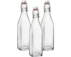 Bormioli Rocco beugelfles/weckfles - 3x - 1 liter - glas - vierkant - water/olie/azijn/sapjes - Karaffen