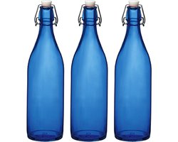 Bormioli rocco waterfles met beugeldop - 4x stuks - blauw transparant - 1000 ml - Giara home deco fles - weckflessen