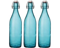 Bormioli rocco waterfles met beugeldop - 4x stuks - turquoise transparant - 1000 ml - Giara home deco fles - weckflessen