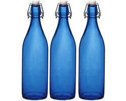 Bormioli Rocco waterfles met beugeldop - blauwe glazen fles - 1000 ml - set van 3