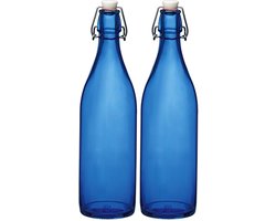 Bormioli rocco waterfles met beugeldop - Set van 2x stuks - blauw transparant - 1000 ml - Giara home deco fles - weckflessen
