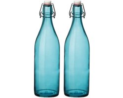 Bormioli rocco waterfles met beugeldop - Set van 2x stuks - turquoise transparant - 1000 ml - Giara home deco fles - weckflessen