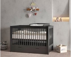 Born Lucky ® Baby Bed / Ledikant Alaska 60 x 120 cm - Baby bed en Commode in één - (0 - 3 jaar) - Verstelbare bedbodem in 3 hoogtes - Zwart