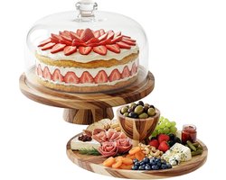 Borrelplank Tapasplank Taartplateau Serveerplank in 1 - Kaasplank Taartstolp Kaasstolp Hout met Voet en Stolp - Taartschaal Hapjesplank Rond met Deksel - Taart
