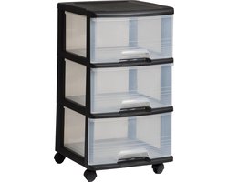 BORVAT® - Opbergkast met Wielen – 3 Lades à 20L – Zwart/Transparant – Mobiel Ladesysteem – Kunststof Organizer