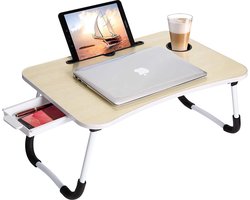 BORVAT® Opvouwbare Laptoptafel met iPad- & Bekerhouder – Bedtafel met Opberglade – Ergonomisch & Multifunctioneel – 60x40 cm – hout
