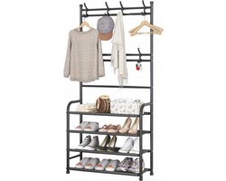 Borvat® | Staande Design Garderoberek Kapstok Rek Met Schoenenrek 14 Kleding Haken Hangers - Klerenhanger Hangrek