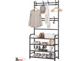 Borvat® | Staande Design Garderoberek Kapstok Rek Met Schoenenrek 14 Kleding Haken Hangers - Klerenhanger Hangrek