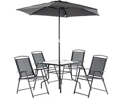 B.O.S. Tuinset Met Parasol - 4 Comfortabele Klapstoelen - Glazen Eettafel - Parasol - Zwart