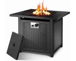 B.O.S. Vuurtafel - Vuur Tafel - Vuurkorf - Terrashaard - Op Gas - Zwart - Lavasteen - Met Waterdichte Bescherm Hoes - 76x76x60CM
